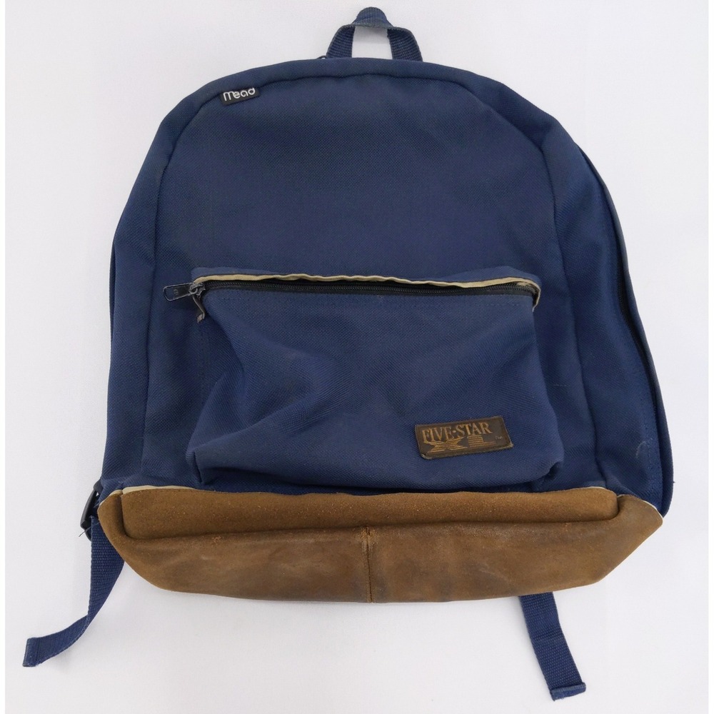 Vintage 90s Y2K Mead Five Star Backpack Navy Blue Brown Suede Bottom Bag